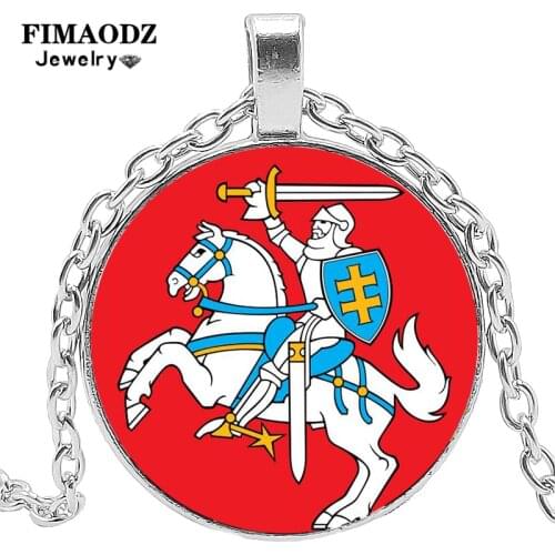 FIMAODZ Republic of Belarus White Knight Necklace Pendant Glass Cabochon Silver Chain Jewelry