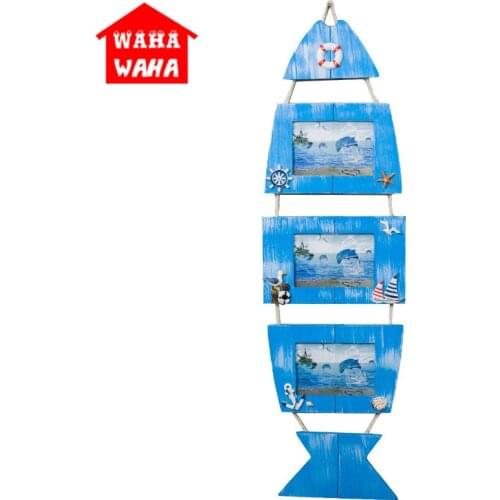 Mediterranean Style Retro Hanging Nautical Wooden Fish Shaped Photo Frame Home Wall Door Decor 5 Inch Photo Holder Picture Album