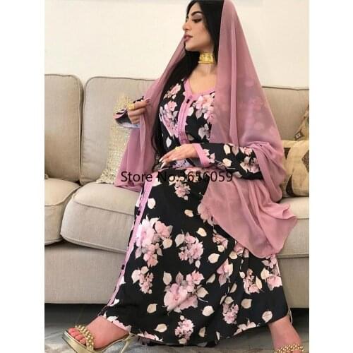 Eid Ramadan Mubarak Dubai Abaya Dress Jalabiya for Women Flower Print Modest Loose Kaftant Robe Muslim Islamic Arabic Clothing