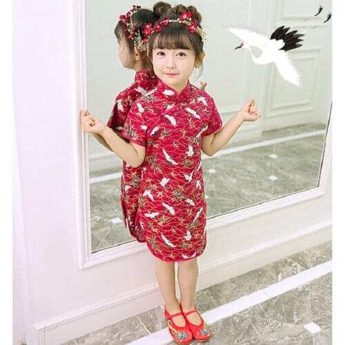 Girls chinese Red traditional dress qipao cheongsam Summer Baby Cotton Dresses New Year Party happy Crane butterfly