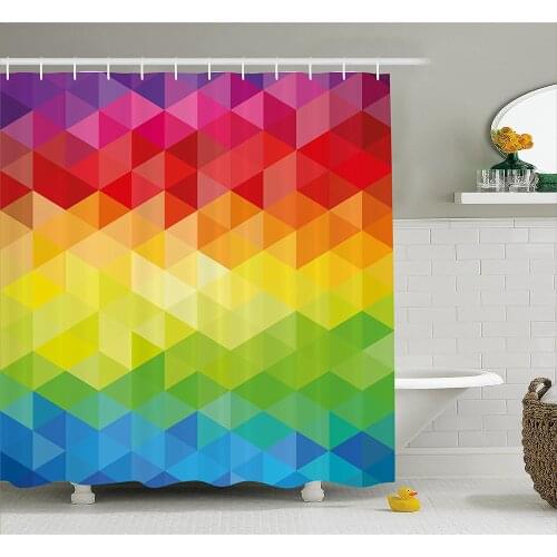 Colorful Home Shower Curtain Geometrical Polygonal Diamond Forms with Triangle Mirroring Lines Artwork Bathroom Curtains