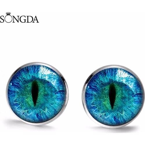 Cool Dragon Eye Stud Earrings Green Blue Purple Red Sauron Eyes Art Photo Glass Cabochon Time Gem Earrings For Women Men Gifts