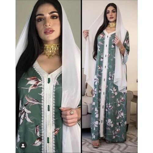 Summer 2021 Ethnic V Neck Ribbon Print Maxi Dress Loose Muslim Jalabiya Abaya Dresses Long Sleeve Arabic Islamic Dubai Clothes