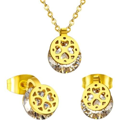 LUXUKISSKIDS Wedding Dubai Bridal Jewelry Sets Stainless Steel Heart Crystal Necklace Earrings Set Jewelry For Women/Girl