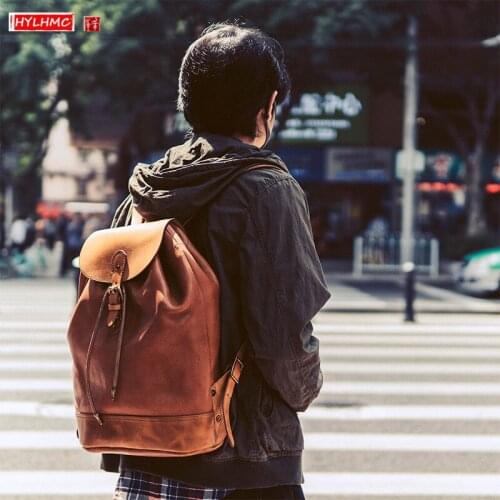 Retro cowhide vegetable tanned leather Men And Women Backpack handmade leather bucket backpacks travel bag