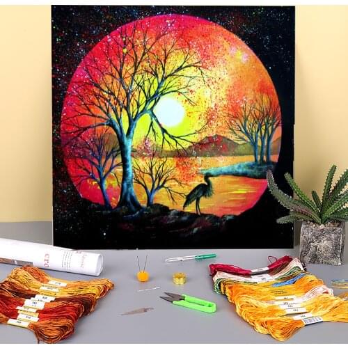 Natural Scenery Sunset Magic Printed Canvas 11CT Cross Stitch Embroidery Set DMC Threads Hobby Handicraft Craft Sewing Mulina