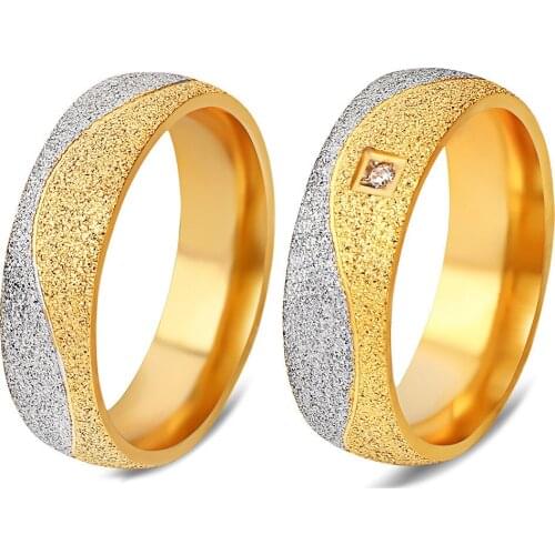 Maxmoon couple engagement ring for women men sand blasted gold-color stainless steel CZ wedding rings jewelry