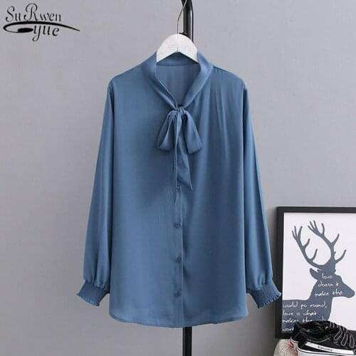 Office Lady Puff Sleeve Women Shirts with Bow 2021 Plus Size Chiffon Women Blouse and Tops Vintage Loose Female Clothing 12963
