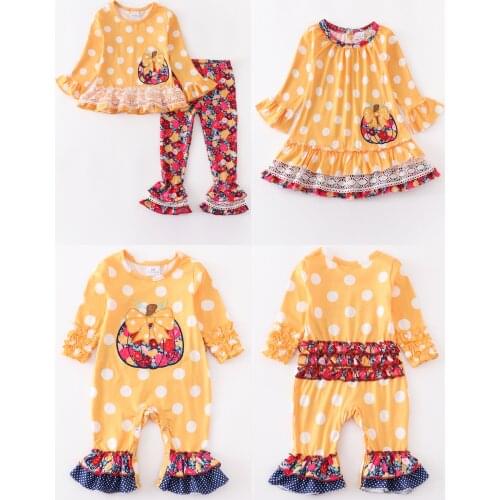 Girlymax Fall Autumn Baby Girls Mustard Polka Dot Pumpkin Floral Dress Romper Pants Ruffles Set Cotton Family Look Kids Clothing