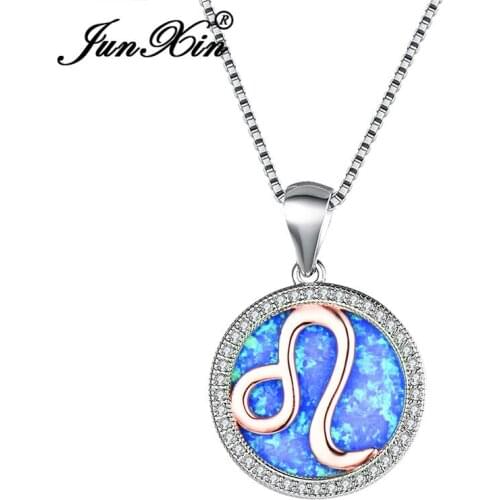 JUNXIN Constellation Leo Pendant Blue White Fire Opal Necklaces For Women Silver Color Round Birthstone Necklace