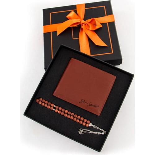 Personalized Printed Leather Mens Wallet with Tasbeeh Set Leather Mens Wallet with rosary Gift for Fathers Gift for Boyfriend