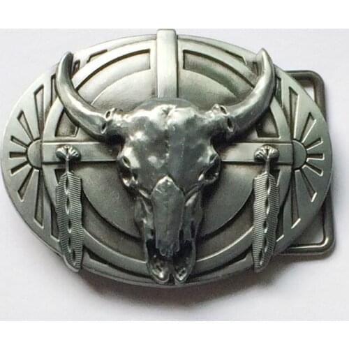 Skull Bull Feather Western Belt Buckle