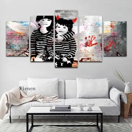 Modern Five-Piece Set Two Boys with Wing Canvas Painting Colorful Print Photo Wall Art Poster for Living Room Home Decoration