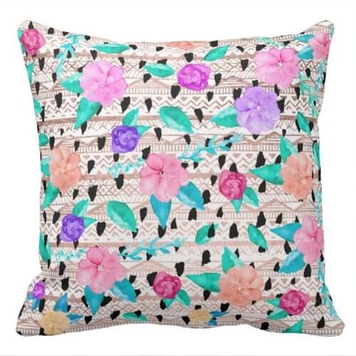 Modern floral watercolor rose gold aztec pattern throw pillow case- Cloth, Double-sided Printing, Size optional