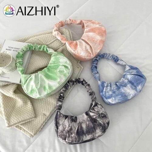 Fashion Women Soft Tie Dye Printing Canvas Bag Single Shoulder Pleated Dumpling Bag Handbag Day Clutches Underarm Bag Purse