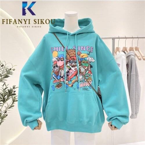Cartoon Print Hoodies Women Spring Autumn Sweatshirt Fashion Pullover Female Long Sleeve Hooded Sweatshirts Loose Tops 2021 New