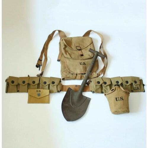 WWII WW2 US ARMY M1928 HAVERSACK SHOVEL SPAD CANTEEN BAR 10 POCKET BELT SET WORLD WAR II SOLDIER MILITARY WAR EQUIPMENT