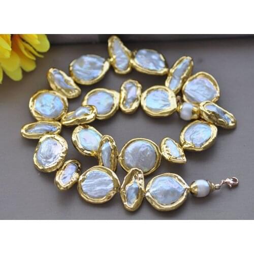 Z10956 20" 22mm White Coin Dens Biwa Gold-plating Pearl Necklace