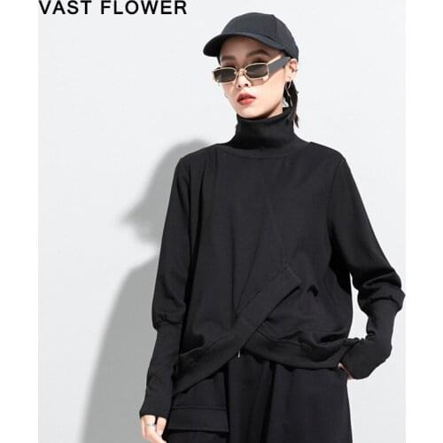Black Plus Size Irregular T-Shirt Women New Turtleneck Long Sleeve Spliced Loose T Shirt Tops Fashion Clothes Spring Autumn 2021