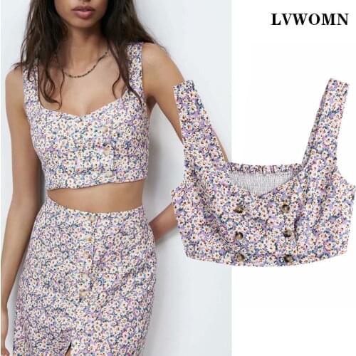 LVWOMN Crop Top Women Blouses Za 2021 Summer Linen Print Sleeveless Shirt Women Clothing Chic Buttons Ruched Sexy Short Blouse