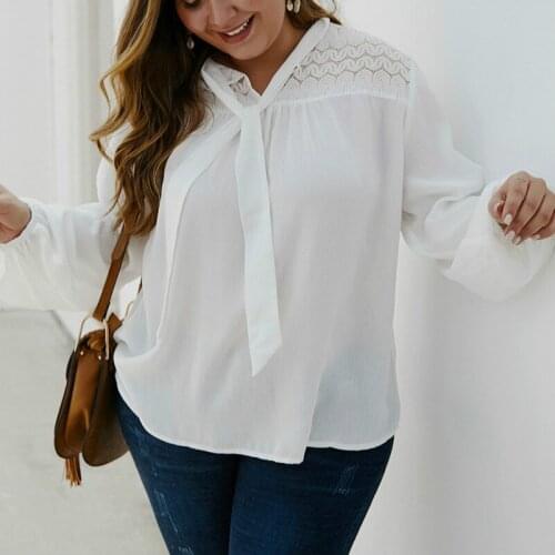 Women Solid Color Pure White Plus Size Lace Patchwork Long Sleeves Blouse Sexy V Neck Office Lady Autumn Shirts Large Size Tops