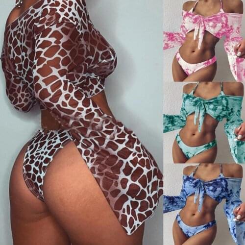 Women 3Pcs/Set Swimsuit padded bra has no underwire Elastic Slim Chinlon Three-Piece Leopard Print Bikini Set for Beach 2021