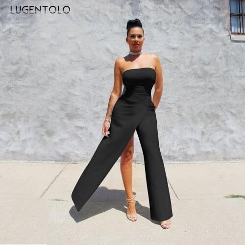 Sexy Jumpsuit Women Slim Backless Slash Sleeveless Solid White Black Irregular Straight Long Jumpsuits Lugentolo