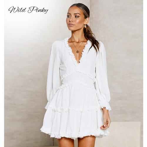 WildPinky New Holiday Ruffles Deep V-neck Floral Print A-line Women Dress Long Sleeve High Waist Female Backless Dress Vestidos