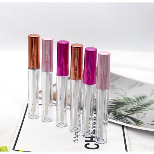 5pcs 2.5ml Clear Plastic Matte Lipgloss Empty Tube Cosmetic Lip Gloss Wand Packaging Container with Bright Gold Pink Red Lid