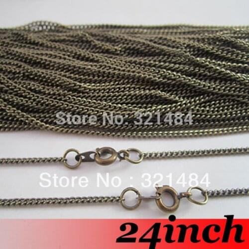 Free Ship! 100piece 2mm 24'' Antique bronze Curb Metal Link Chain Necklace with Spring Clasp Findings For Pendant Jewelry