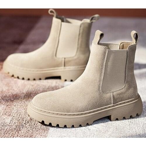 2021 Genuine Leather Chelsea Platform Boots Winter Plush Chunky Boots Women Autumn Fashion Lady Slip On Cow Suede Ankle Booties