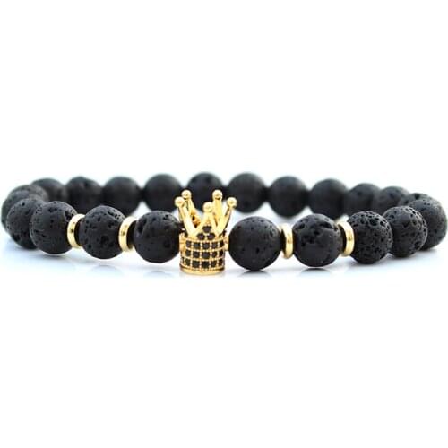 Natural black beaded crown bracelet Lava stone bracelets for women pulseras men bileklik mens beads accesorios heren armband