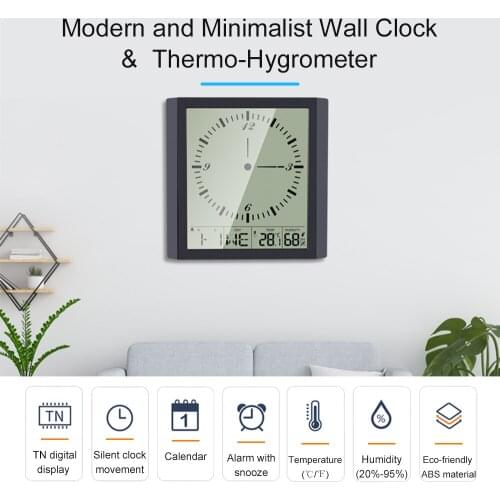 Digital Thermo-Hygrometer Thermometer Hygrometer Square Clock Minimalist Wall Clock with Calendar Alarm and Snooze