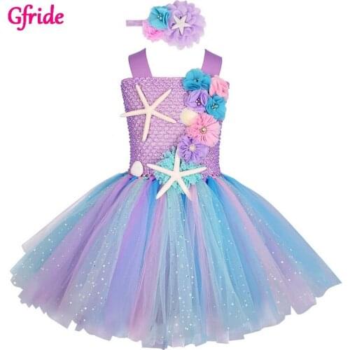 Girls Mermaid Costume For Girls Birthday Party Dresses Kids Rainbow Lollipop Flowers Tutu Dress Headband Mardi Gras Carnival
