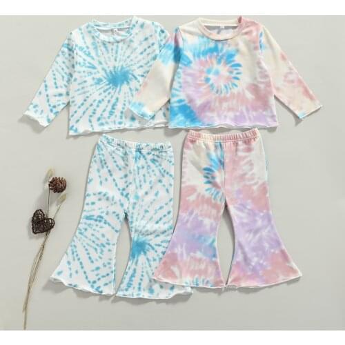 FOCUSNORM Fashion Tie Dye Printed Kids Girls Clothes Sets 2pcs Long Sleeve Pullover Tops Flare Pants Outfits 1-6Y