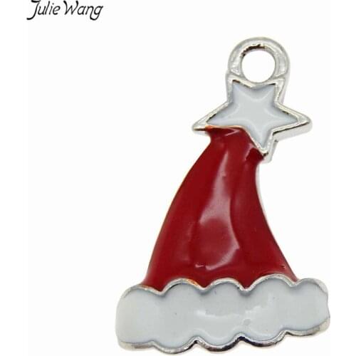 Julie Wang 10PCS Alloy Red Enamel Christmas Hat Charms Necklace Pendant Earrings Decoration Findings Jewelry Making Accessory