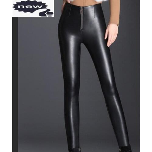 Fashion Zipper Skinny Pu Leather Women Warm High Elastic Waist Trousers Street Punk Office Lady Pants Plus Size 5XL