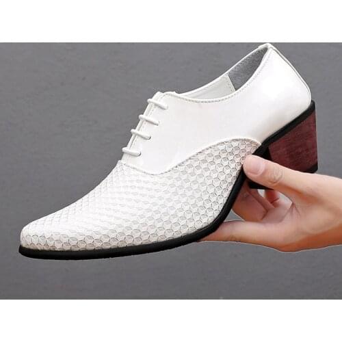 2020 Men White Formal Shoes High Heels Oxfords Soft Mocassin Homme Chaussure Height Increase Dress Driving Boat Shoes Gommino