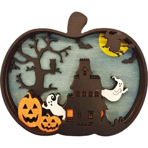 New Halloween Wooden Decorations Creative Pumpkin Lighting Carving Decoration Desktop Decorations Figurine Miniature 16.5x14cm