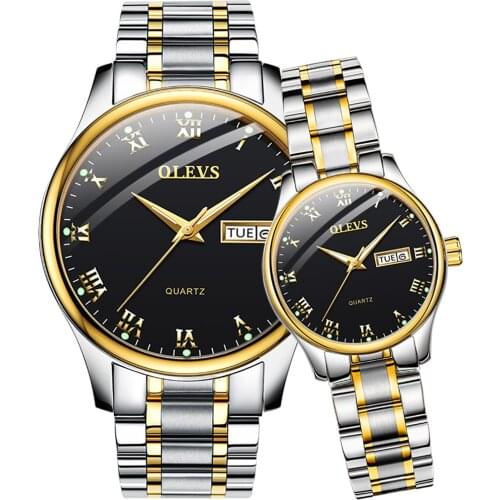 OLEVS Couple Watch Two Tone Stainless Steel Band Fashion Waterproof His and Her Quartz Wristwatch Set for Lovers One Pair