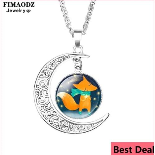 FIMAODZ Cartoon Fox Necklace Glass Cabochon Animal Crescent Moon Pendant Chain Necklaces Women Jewelry