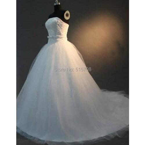Real Photo Wedding Dresses Strapless Sleeveless Court Train Lace Up in Back Lace Applique Church Garden Bridal Dress