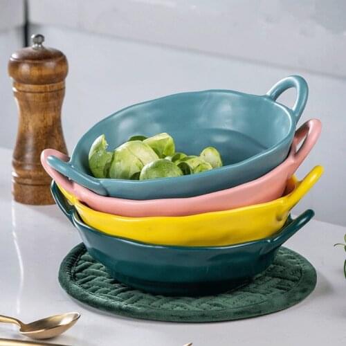 Simple anti-scalding binaural ceramic bowl matte solid color salad fruit bowl household soup bowl kitchen baked rice bowl