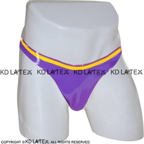 Purple And Yellow Sexy Latex T Strings With Trims On Top Rubber Panties Briefs Shorts Underpants Underwear DK-0110