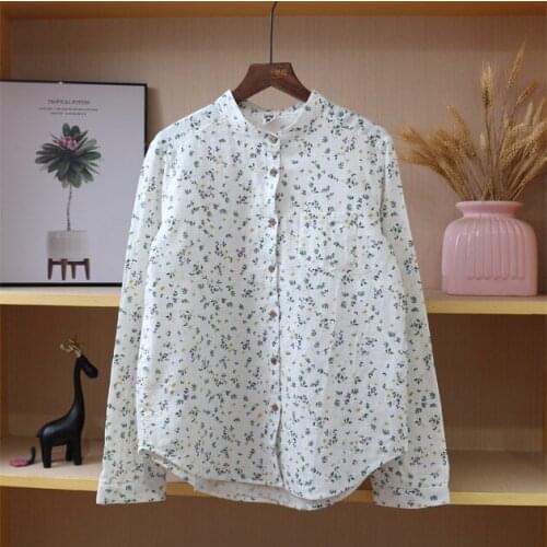 2020 New Autumn Women Stand Collar Print Long Sleeve Shirt Japan Style Mori Girl Cotton Yarn Women Blouse
