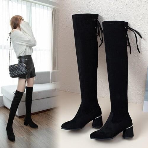 Ladies Winter Warm Over the Knee Boots Fabric Thigh High Sexy Womens Shoes Block 6CM Heel High Stretch Boots Female Footwear