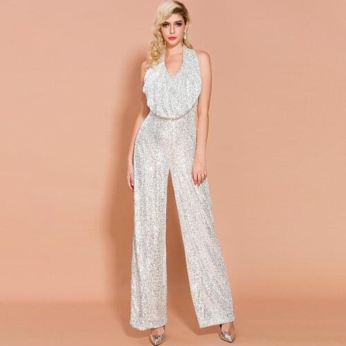 New 2020 fashion polyester Sequined Halter Silver Ruffles Women Jumpsuits casual summer suits evening club party womens pants