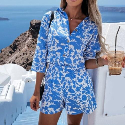 Floral Print Turn Down Collar Women Shirt 2 Piece Set Long Sleeve Single Breasted Empire Lady Shorts Suits For Spring Autumn New