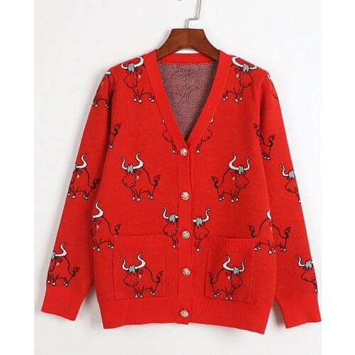 2021 Spring Sweater Long Sleeve Red V Neck Cardigan Kint Swaeter Womens