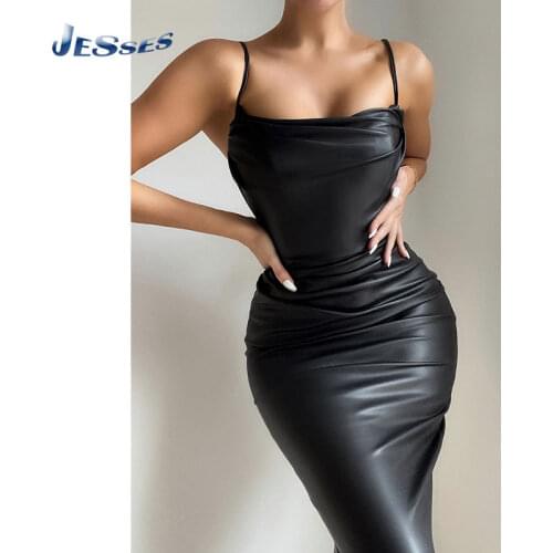S-XL Ladies Sexy PU Sling Dress Backless Summer Black Dress Women Pleated Sleeveless Sundress Clubwear Skinny Dress Vestido